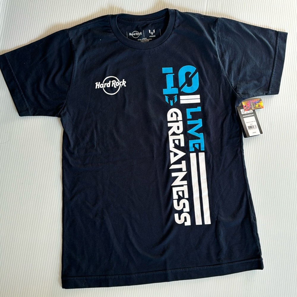 Hard Rock, Messi - greatness navy blue & white short sleeve t-shirt. Youth Large